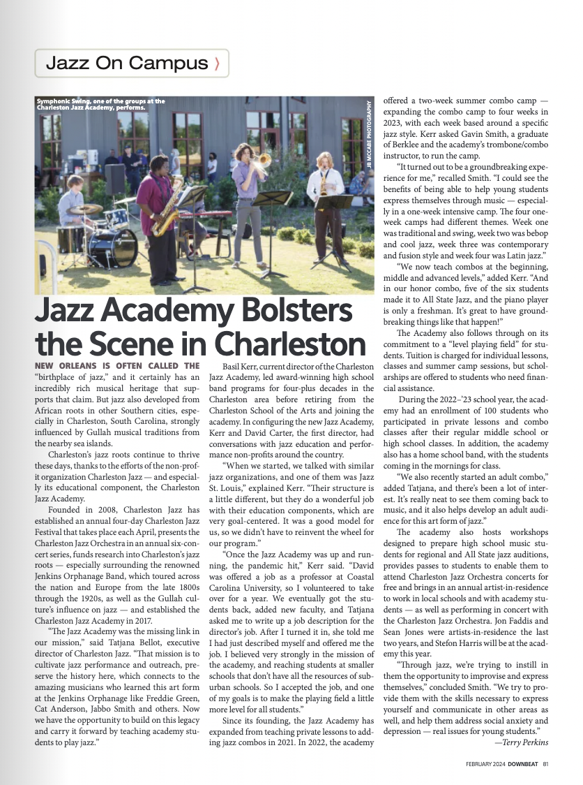 Charleston Jazz Academy Downbeat Magazine Article